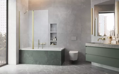 Nes ﻿Brushed Gold PND II﻿ szálcsiszolt arany kádparaván 110 átlátszó jobbos