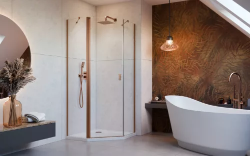 Nes Brushed Copper PTJ szögletes szálcsiszolt réz zuhanykabin 90x90 átlátszó balos