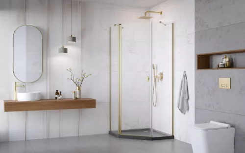 Nes ﻿Brushed Gold PTJ﻿ szögletes szálcsiszolt arany zuhanykabin 90x90 átlátszó jobbos