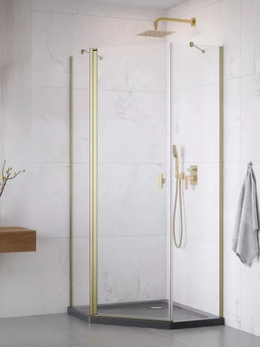 Nes ﻿Brushed Gold PTJ﻿ szögletes szálcsiszolt arany zuhanykabin 90x90 átlátszó jobbos