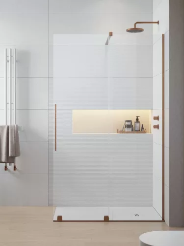 Furo Brushed Copper Walk-in szálcsiszolt réz zuhanyfal 110 balos átlátszó