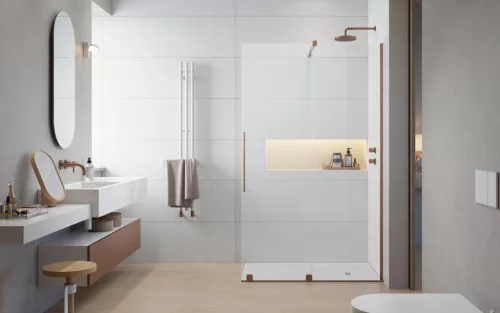 Furo Brushed Copper Walk-in szálcsiszolt réz zuhanyfal 110 balos átlátszó