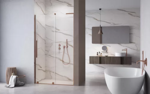 Furo SL Brushed Copper DWJ szálcsiszolt réz zuhanyajtó 120 átlátszó jobbos