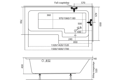 Linea aszimmetrikus akril kád 150x70/85 jobbos