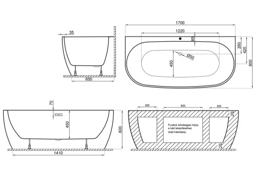 Avalon különleges akril kád 170x80 fehér előlappal