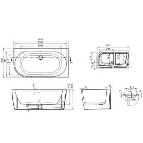   Harmony különleges akril kád 159x84 fehér előlappal, króm lefolyóval, jobbos