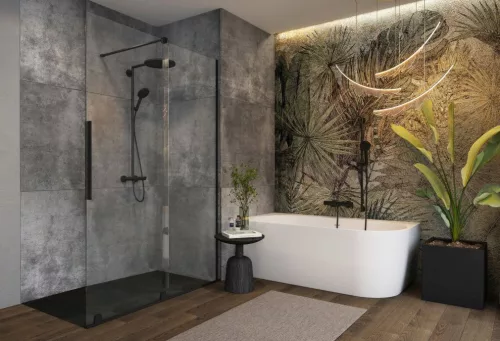 Harmony különleges akril kád 159x84 fekete előlappal, króm lefolyóval, jobbos