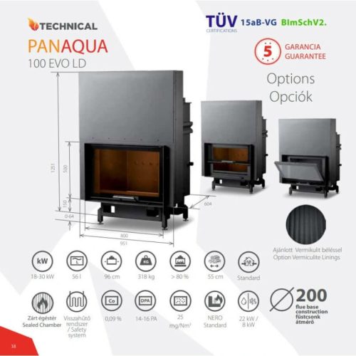 PanAqua 100 EVO LD Zárt égésterű, prémium kivitelű, fűtésre köthető, vízteres kandallóbetét