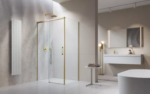 Idea Brushed Gold KDJ szögletes szálcsiszolt arany zuhanykabin 110x80 átlátszó jobbos