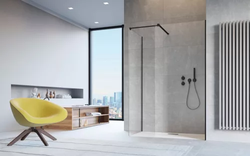 Modo New Black III Walk-in fekete zuhanyfal 50x50 átlátszó