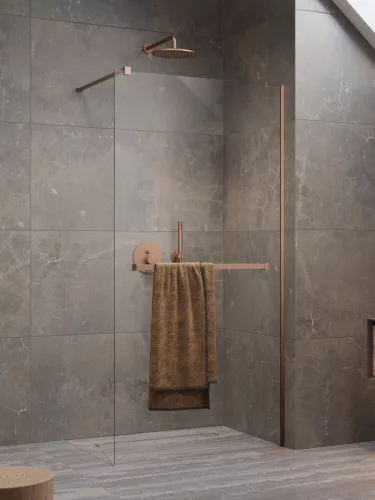 Modo New Brushed Copper II Walk-in szálcsiszolt réz zuhanyfal törölközőtartóval 80 átlátszó