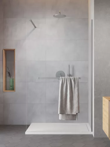 Modo New Brushed Nickel II Walk-in szálcsiszolt króm zuhanyfal törölközőtartóval 85 átlátszó