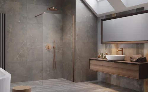 Modo New Brushed Copper II Walk-in szálcsiszolt réz zuhanyfal 115 átlátszó