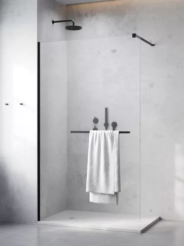 Modo New Black II Walk-in fekete zuhanyfal törölközőtartóval 120 átlátszó