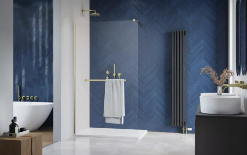 Modo New Brushed Gold II Walk-in szálcsiszolt arany zuhanyfal törölközőtartóval 135 átlátszó