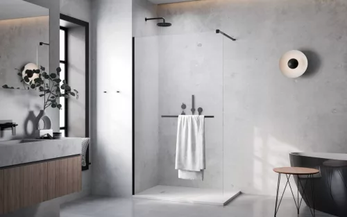 Modo New Black II Walk-in fekete zuhanyfal törölközőtartóval 140 átlátszó