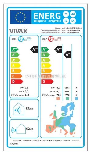 Vivax H+ Design Fehér 3,5kW ACP-12CH35AEHI+ oldalfali split klíma, fűtésre optimalizált,  A+++, -25°C-ig fűtés