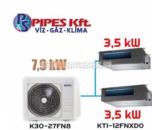 Korel légcstornás klíma szett,K30-27HFN8 R32, multi-split klíma,  7,9 kW Kültéri + 2x 3,5 kW KTI-12FNXD0 beltéri.