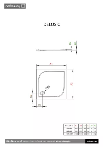 Delos C szögletes lapos zuhanytálca 80x80 fehér ajándék szifonnal