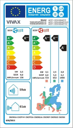 Vivax ACP-12CH35AEYI Y-Design, oldalfali split klíma 3,5 kW, fűtésre optimalizált, A+++, -32°C-ig fűtés