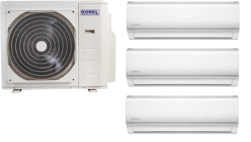 Korel Nexo multi-split klíma szett, 7,9 kW K3OA-27HFN8 kültéri + 3db 2,6 kW KOR32-09HFN8 beltéri, csepptálca és karterfűtéssel