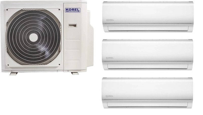 Korel Nexo multi-split klíma szett, 7,9 kW K3OA-27HFN8 kültéri + 3db 2,6 kW KOR32-09HFN8 beltéri, csepptálca és karterfűtéssel
